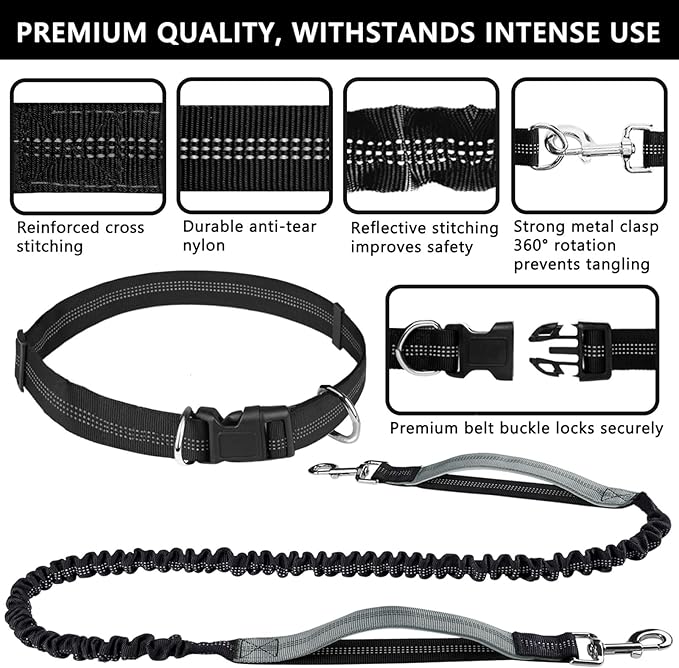 Hands Free Dog Leash, Waist Dog Running Leash for Medium to Large Dogs, Retractable Bungee Hands Free Leash for Walking Jogging Training Hiking, Adjustable Waist Belt, Dual Handle