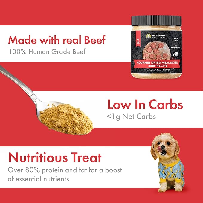 Visionary Pet Foods Gourmet Freeze Dried - Meal Mixer, Dry Food Topper, High in Protein, Low Carb and Grain Free, Healthy Snack for Dogs, Beef Flavor 6oz. Jar