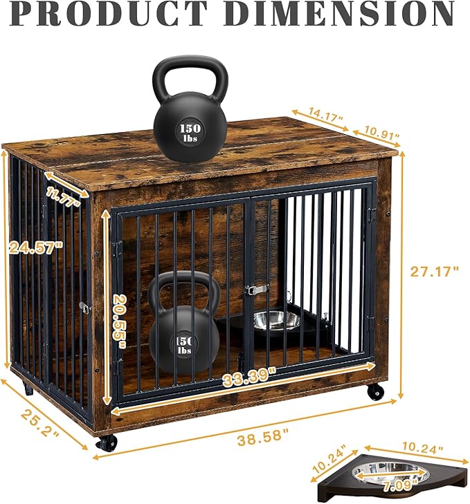 39 Inch Large Wooden Dog Crate Furniture with 180° Rotatable Bowl, Brown Multi-Functional Dog Crate End Table with Wheels, Furniture Dog Crate for Large Dogs with Flip-up Top Opening