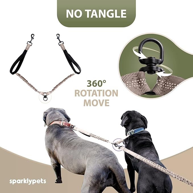 SparklyPets Hands Free Double Dog Leash – Dual Dog Leash for Medium and Large Dogs – Dog Leash for 2 Dogs with Padded Handles, Reflective Stitches, No Pull, Tangle Free (Brown, for 2 Dogs)