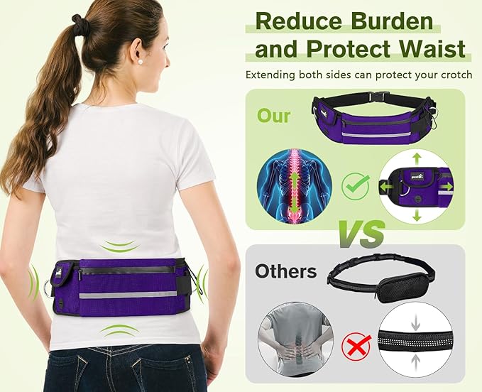 Pecute Hands Free Dog Leash with Pouch, Waist Belt Fanny Pack with Soft Pads, Dual Padded Handles, and Durable Bungee for Walking, Hiking, Jogging Biking, and Running (Up to 220lbs) Purple