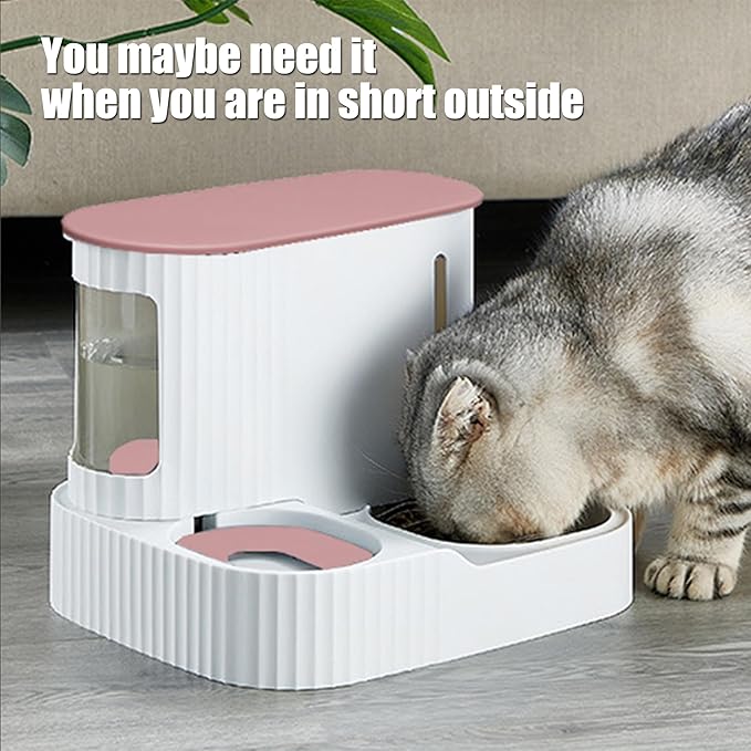 Automatic Cat Food Water Dispenser Gravity Pet Self Feeder Dry Food Bowl and Watering Supplies Dispenser for Indoor Small Medium Dog Puppy Kitten 2 in 1 (PINK)