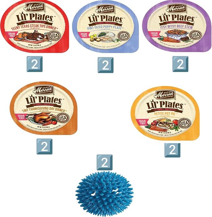 Merick Lil’ Plates Grain Free Small Breed Dogs Food - Petite Pot Pie, Itsy Bitsy Beef Stew, Pint Puppy Plate, Teeny Texas Steak Tips Dinner & Tiny Thanksgiving Dinner - Total 10 Tubs with 2 Toys