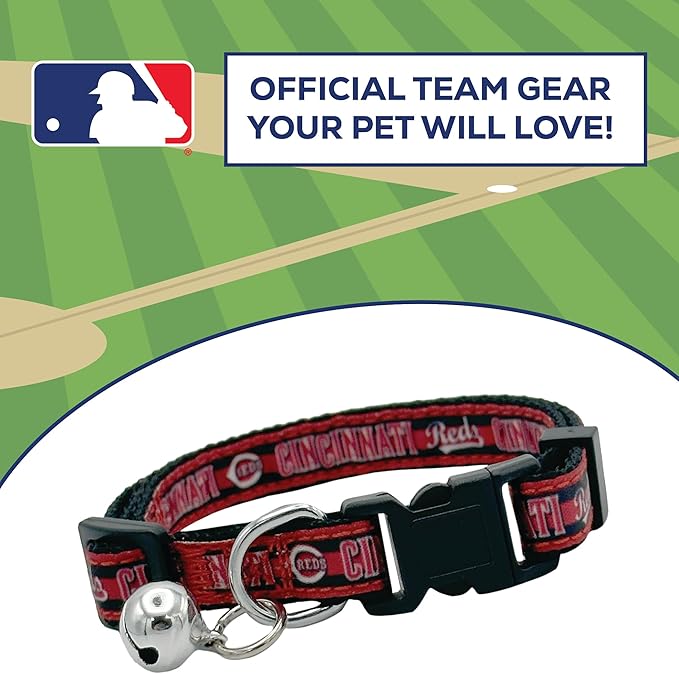 MLB CAT Collar Cincinnati Reds Satin Cat Collar Baseball Team Collar for Dogs & Cats. A Shiny & Colorful Cat Collar with Ringing Bell Pendant