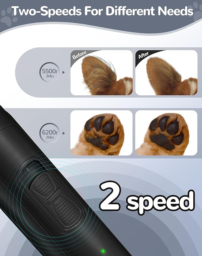 Dog Clippers for Grooming, 2 Speed Dog Paw Trimmer with LED Light, Rechargeable Low Noise Pet Shaver for Trimming Dogs Cats Hair Around Paws, Eyes, Ears, Face, Rump (Black)