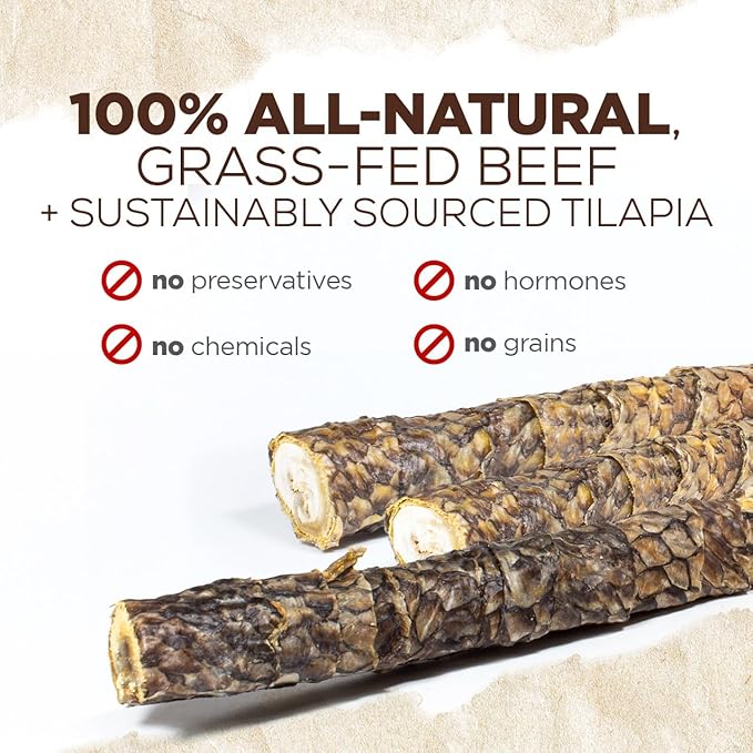 Natural Farm Power Fish Sticks Dog Chews (6”, 15-Pack), 2-in-1 Power Chews: Premium Beef Cheek Wrapped in Crunchy Tilapia Skin, Rich in Omega 3s, Long Lasting Protein Chew with Health Benefits