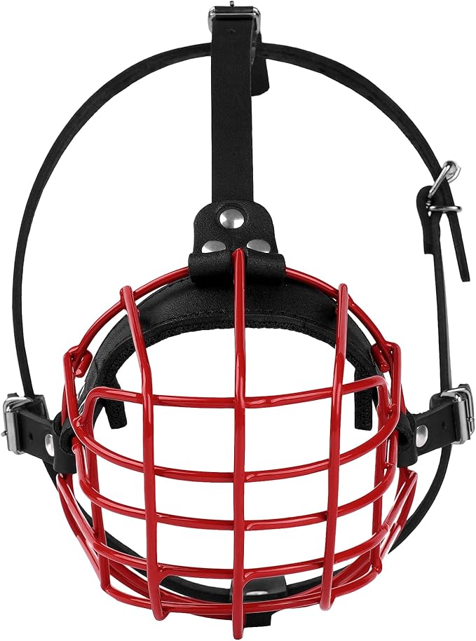 Pitbull Dog Muzzle Metal Mask Amstaff Secure Wire Basket Adjustable Durable Leather Straps for Large Dogs (Red)