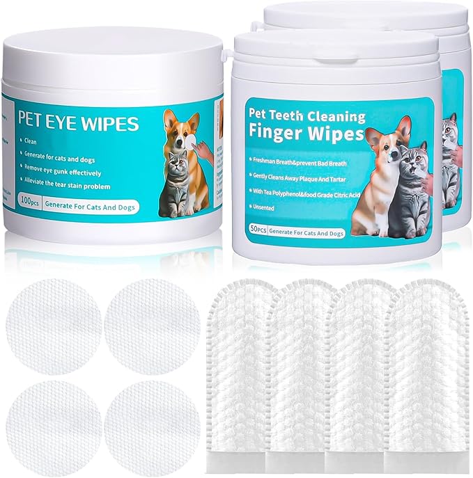 2-Pack Teeth and Ear Cleaner Finger Wipes, Dog and Cat Grooming Kit, Soothing Odor Control, Reduces Dirt and Wax Buildup (1*Teeth Wipes&Ear Wipes&Eye Wipes)