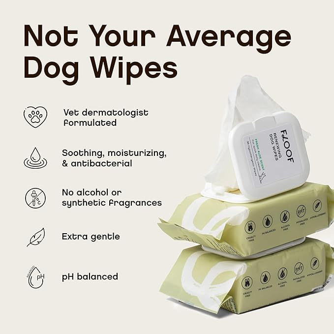 Renewing Aloe and Bamboo Dog Wipes by Floof - Cleansing, Moisturizing, Hypoallergenic Wipes for Paws, Face, Body | Natural Fragrance | Safe for All Breeds | Vet Dermatologist Formulated | 30 Wipes (1)