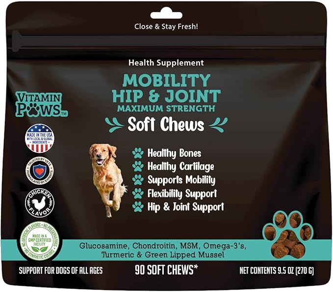Mobility Hip and Joint Chews for Dogs Maximum Strength | Joints Health Supplement with Glucosamine, Chondroitin, MSM, Turmeric, Green Lipped Mussels, Wild Alaskan Salmon Oil, Omega 3