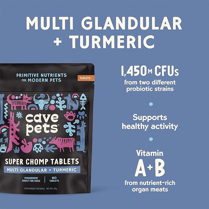 Super Chomp Tablets, Dog Probiotic Supplement for Digestive Health and Microbiome Support, Multi-Glandular & Turmeric