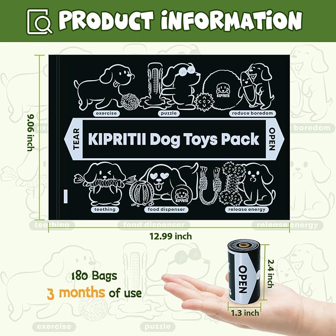 KIPRITII Strong-Endurance Dog Poop Bag Set with Dispenser & Leash Clip, Thick Waste Poop Bags for Puppy/Small/Medium/Large Dog & Cat