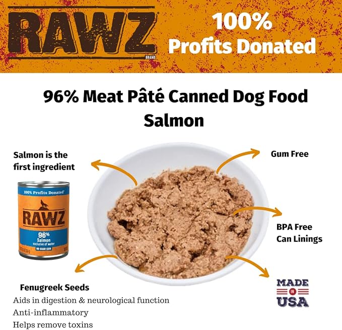 Rawz 96% Meat Canned Wet Food for Dogs 12 Pack/ 12.5 oz. Cans (Salmon)