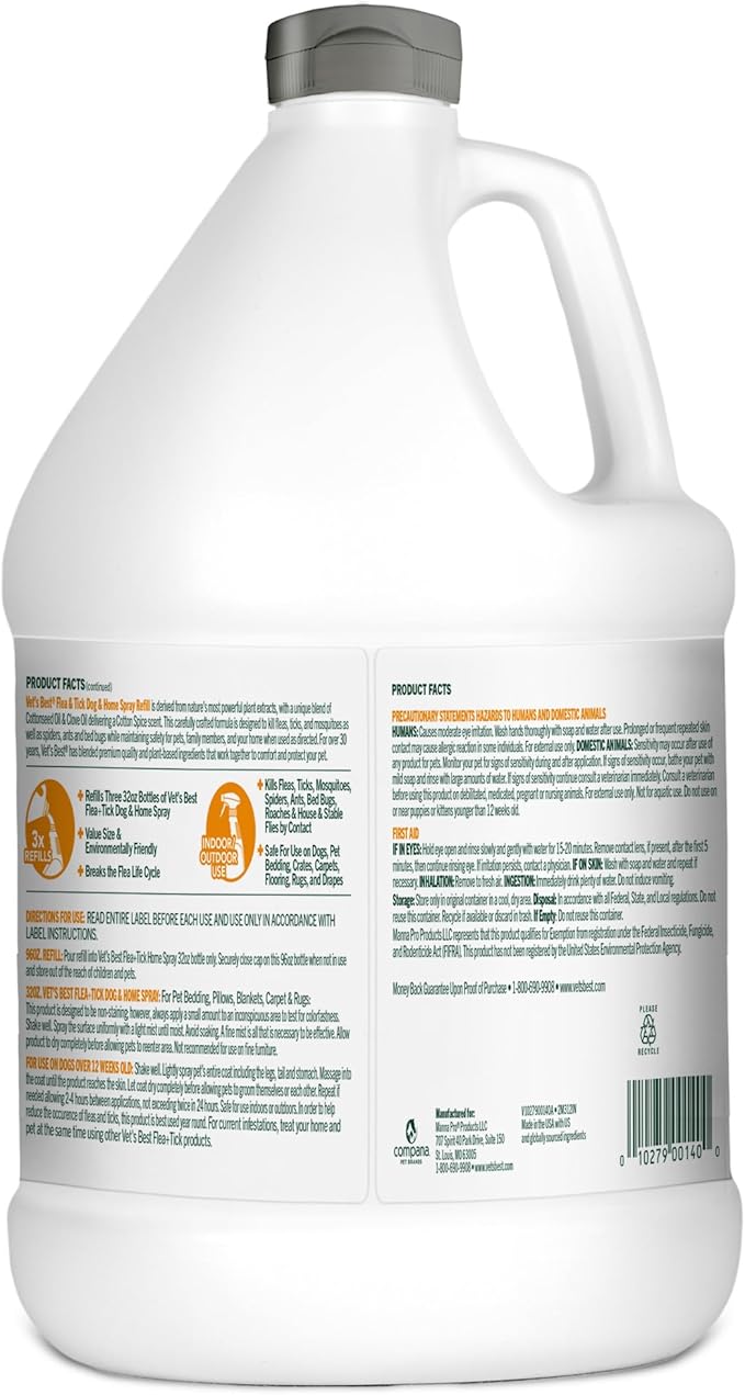 Vet’s Best Flea & Tick Home Spray Refill for Dogs – Cotton Spice Scent Dog Flea & Tick Aid – Made in The USA – Flea & Tick Home Spray – Flea Protection for Dogs – 96 oz