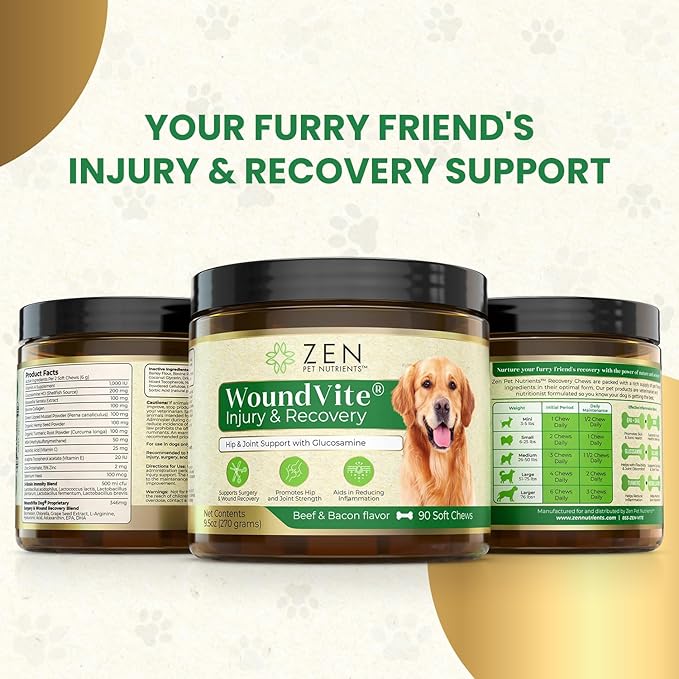 Zen Pet Nutrients WoundVite Hip and Joint Chews for Dogs - Dog Hip and Joint Supplement with Glucosamine Chondroitin, Hyaluronic Acid and MSM for Dog Surgery, Recovery and Joint Relief