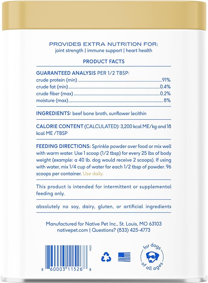 Native Pet Bone Broth for Dogs and Cats – Dog Bone Broth Powder for Dog Food Topper for Picky Eaters – Cat and Dog Broth - Dog Gravy Topper for Dry Food – Beef Broth for Dogs and Cats – 9.5 oz