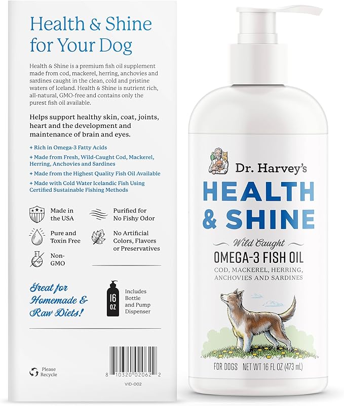 Dr. Harvey’s Health & Shine Omega 3 Fish Oil for Dogs from Wild Caught Cod, Mackerel, Herring, Anchovies and Sardines - Supports Beautiful Fur, Strong Joints and Itchy Allergy Relief (16 FL OZ)