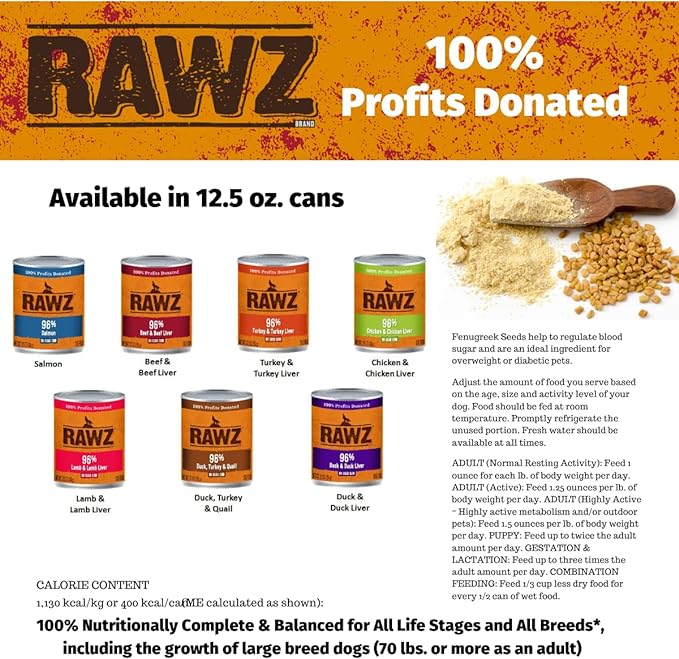 Rawz 96% Meat Canned Wet Food for Dogs 12 Pack/ 12.5 oz. Cans (Turkey/Turkey Liver)