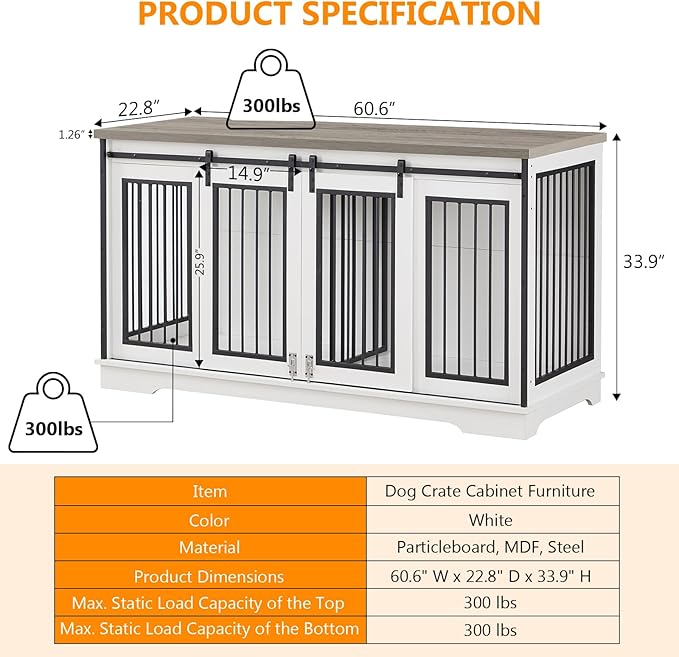 2-in-1 Double Dog Crate Furniture for 2 Dogs 60.6 Inch White Sturdy Double Dog Kennel TV Stand with Divider and Sliding Doors