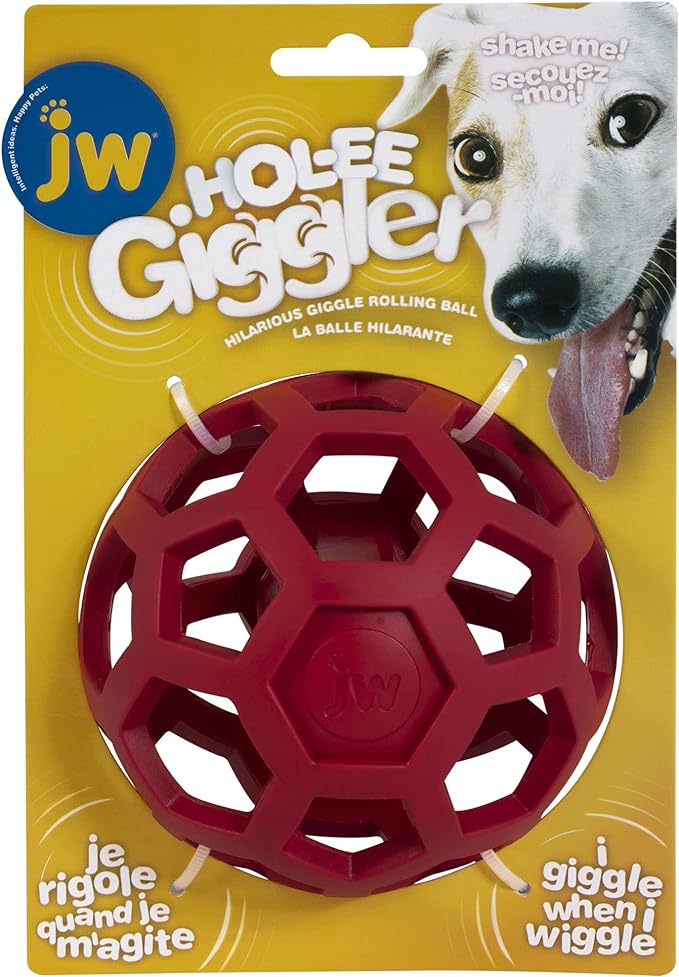 JW Pet Hol-ee Giggler Dog Toy Puzzle Ball, Natural Rubber, Medium (4.5 Inch Diameter), Red