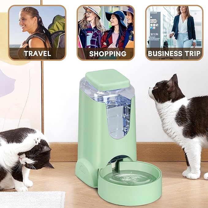2 Pack Automatic Cat Feeder and Water Dispenser with Stainless Steel Dog Bowl Gravity Self Feeding for Small Medium Pets Puppy Kitten 1 Gallon x 2 (Pink) (green)