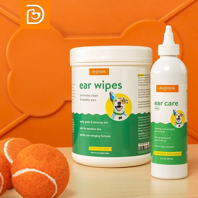 Ear Wipes and Ear Care Pro Solution for Pets | Gentle Ear Wipes (160 count) and Ear Care Solution (8oz) for Dogs and Cats | Non-Stinging Ear Duo