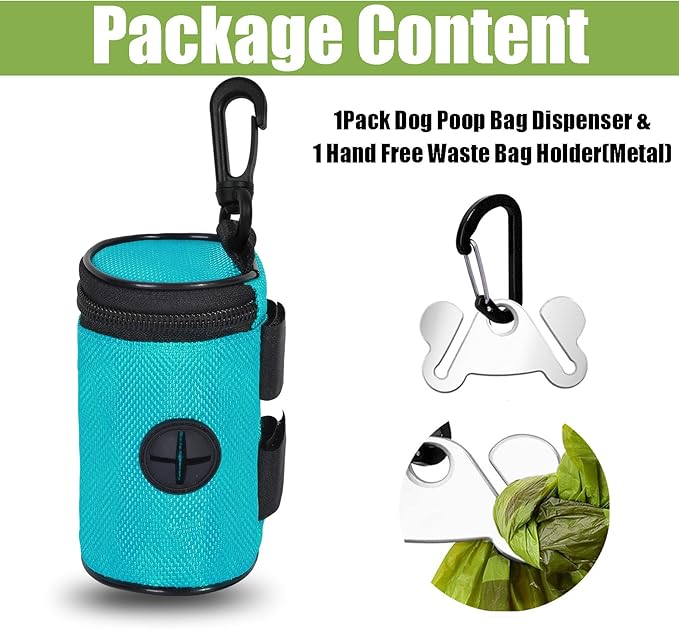 Dog Poop Bag Holder for Leash Attachment - Waste Bag Dispenser for Leash - Fits Any Dog Leash - Portable Set with Hand Free Holder Metal Carrier, Round Shape, Green