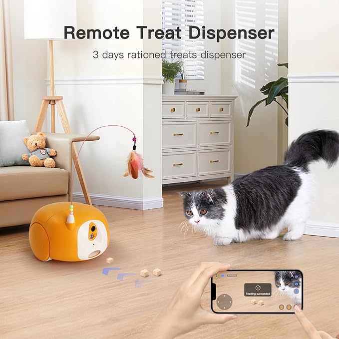 Pet Camera Treat Dispenser, Cat Dog Camera, Automatic Pet Feeder with App Remote Control, 2 Way Audio, 1080P HD Mobile Camera with Night Vision, Interactive Replaceable Cat Teaser