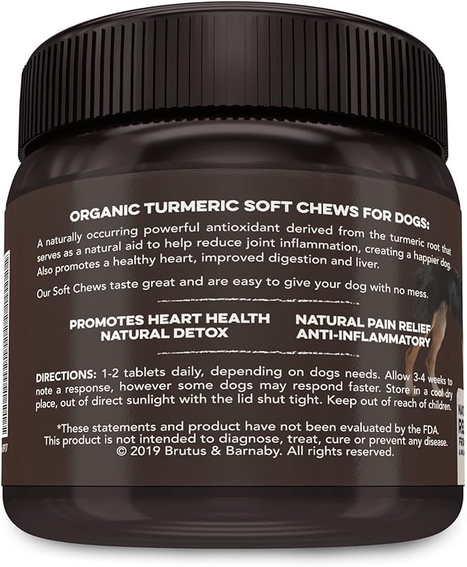 BRUTUS & BARNABY Turmeric for Dogs- Organic Turmeric with Curcumin, Soft Chews with Collagen and Bioprene Provides Hip and Joint Support Reduces Inflammation from Arthritis