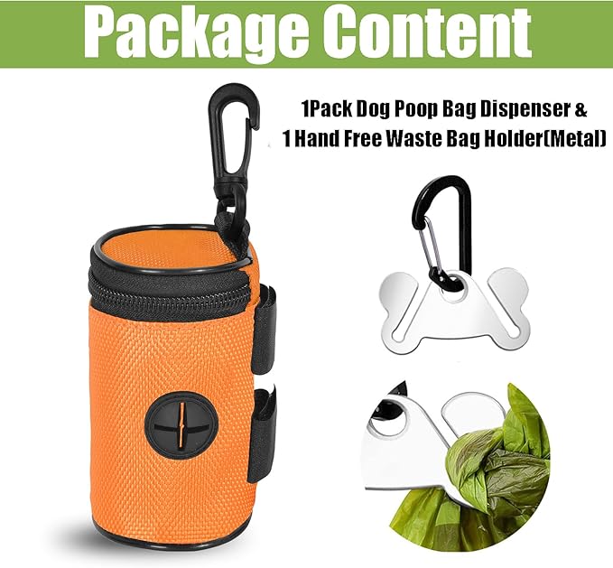 Dog Poop Bag Holder for Leash Attachment - Waste Bag Dispenser for Leash - Fits Any Dog Leash - Portable Set with Hand Free Holder Metal Carrier, Round Shape, Orange
