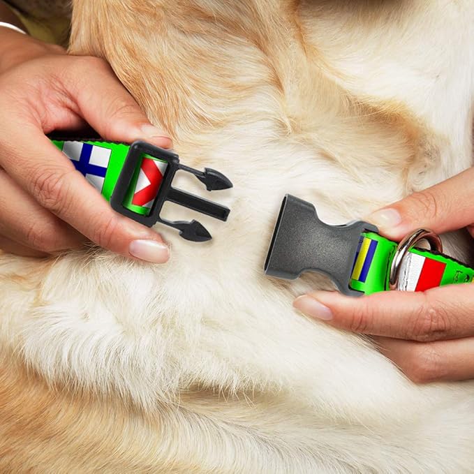 Buckle-Down 13-18" Nautical Flags Green/Multi Color Plastic Clip Collar, Wide Small