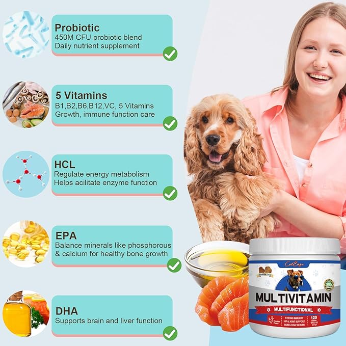 Multivitamin Dog Supplement with Glucosamine, Probiotics, Fish Oil - Promotes Healthy Skin and Coat, Supports Joint Health, Allergy Relief and Digestive Function (Chicken Flavor 120 Ct)…