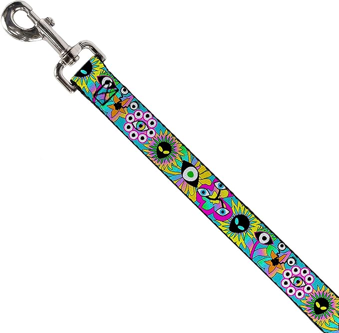 Buckle-Down Pet Leash, Dog Leash, Funky Alien Flowers Aqua Blue Multi Color, 4 Feet Long 1.5 Inch Wide