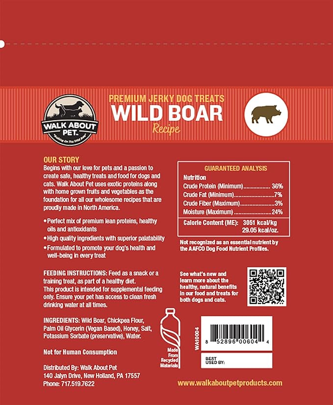 WA10004, Premium Jerky Dog Treats, Grain-Free, Gluten-Free, Single Source Protein, Wild Boar Recipe, Resealable Pouch, 5.5 Ounces