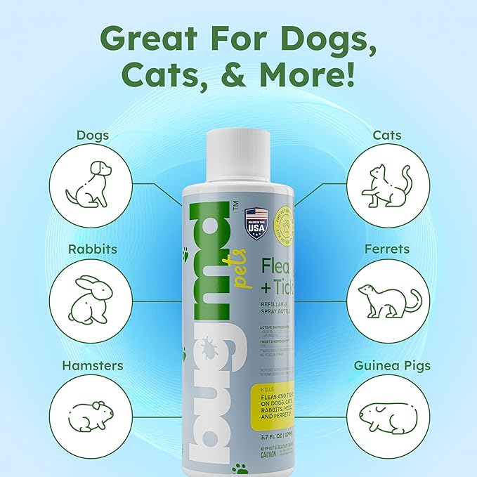 BugMD Flea and Tick Concentrate (3.7 oz)- Essential Oil-Powered Formula, Controls Fleas, Ticks, Mites in Dogs, Cats, and Other Furred Animals, Spray on Pet Beds, Kennels