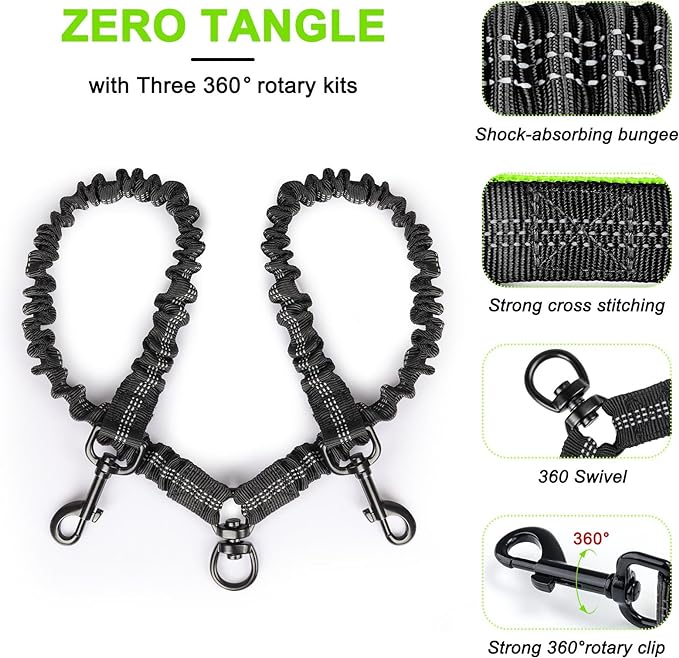 Hands Free Dog Leash for 2 Dogs, Wide Padded Waist Leash Double Dogs Leash Dog Running Leash for Dog with Reflective Stitching for Walks, Jogging, Running, Hiking, and Dog Training