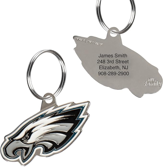 NFL Philadelphia Eagles Engraving Pet ID Tags in 32 Team Logo Shapes Personalized Dog Tags and Cat Tags with 3 Lines of Customizable Text for Tracking & Safety. Stainless Steel Pet ID Tracking Tags
