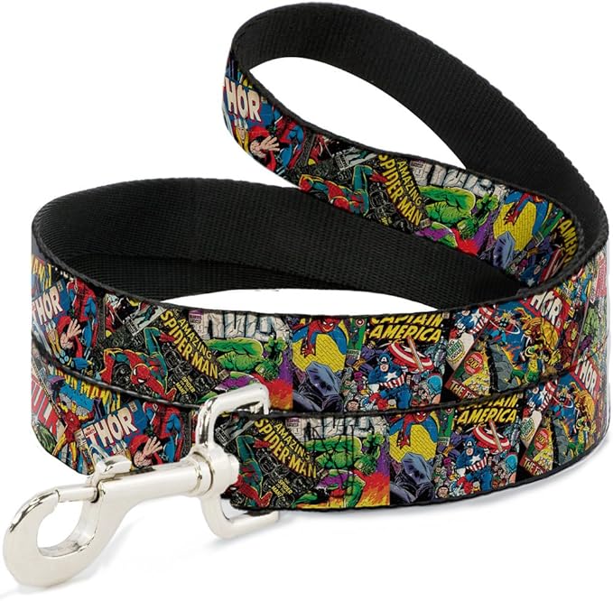 Buckle-Down Dog Leash Retro Marvel Comic Books Stacked Close Up 4 Feet Long 1.0 Inch Wide, Multicolor (DL-WAV035)