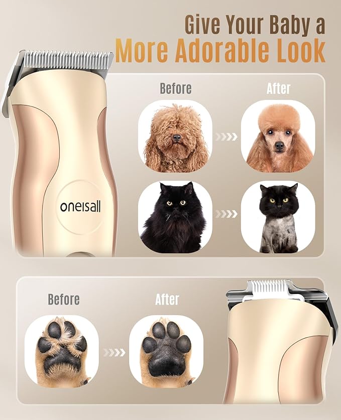 oneisall Dog Clippers for Grooming,2 in 1 Low Noise Dog Paw Trimmer with Double Blades,2 Speed Cordless Dog Grooming Clippers for Body, Paws, Ears and Face