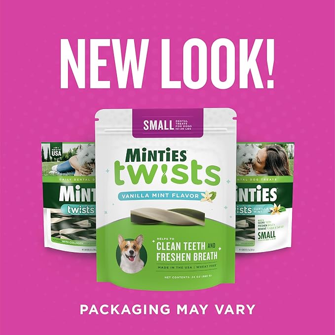 Minties Dental Twists for Dogs, Vet-Recommended Vanilla-Flavored Dental Chews for Tiny/Small Dogs 5-39 lbs, Dental Treats Clean Teeth, Fight Bad Breath, and Removes Plaque and Tartar, 12oz