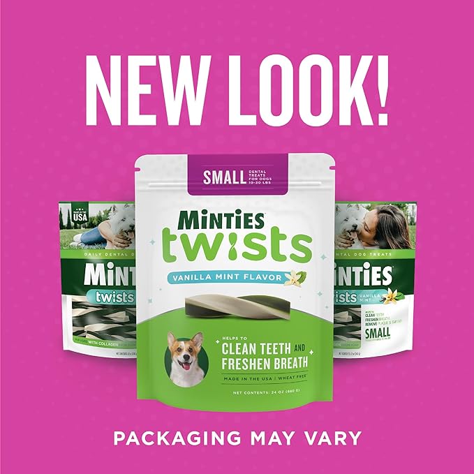Minties Dental Twists for Dogs, Vet-Recommended Vanilla-Flavored Dental Chews for Tiny/Small Dogs 5-39 lbs lbs, Dental Treats Clean Teeth, Fight Bad Breath, and Removes Plaque and Tartar, 24oz