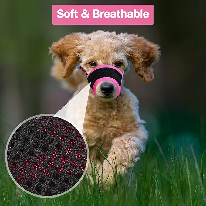 LUCKYPAW Dog Muzzle Anti Biting Barking and Chewing with Comfortable Mesh Soft Fabric and Adjustable Strap, Suitable for Small, Medium and Large Dogs(Hot Pink Trim,L)
