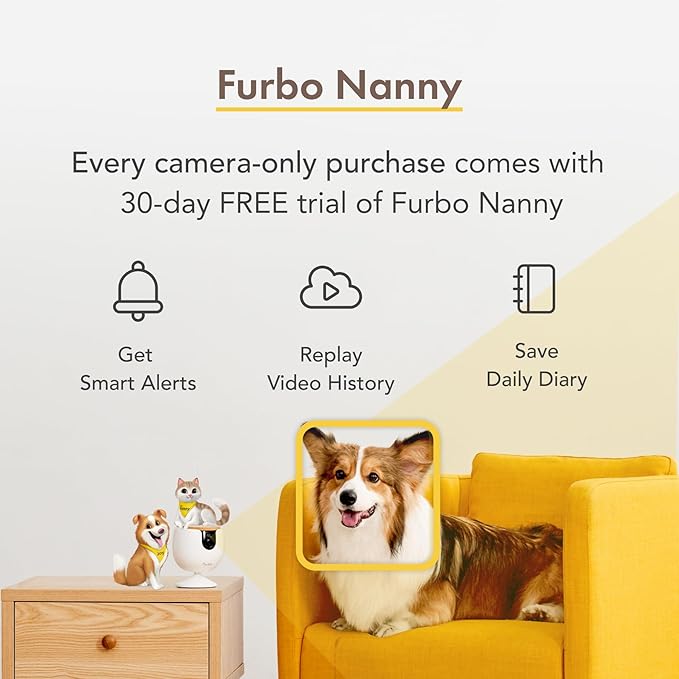 Furbo Mini NEW Pet Camera: Home Security Camera with Barking or Meowing Alerts, Cat or Dog Camera with Phone App, Smart Home Indoor Cam with 2-Way Speaker and Night Vision (No Subscription Required)