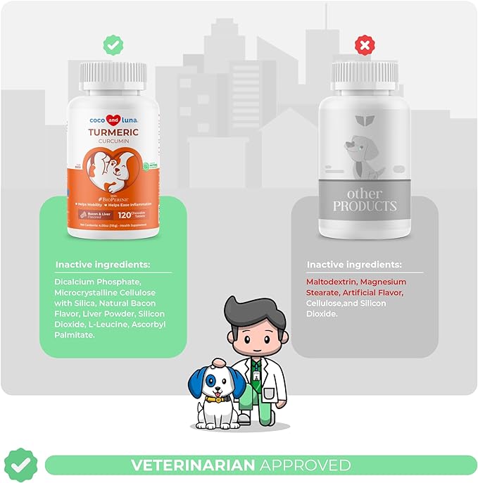 Turmeric for Dogs Anti Inflammatory Pain Relief - 120 Chewable Tablets Hip & Joint Support with Curcumin and BioPerine, Antioxidant, Cardiovascular Health