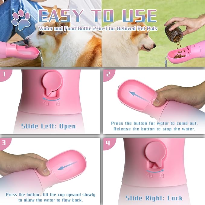 Dog Water Bottle, 19Oz Large Capacity Portable Dog Water Bowl, Food Grade Drinking Feeder & Dish Bowl, Unique Puppy Essentials for Outdoor Walking Traveling, Dog Gifts (Pink&Blue)