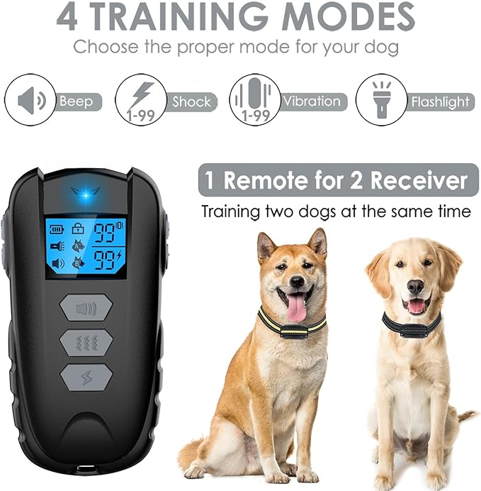 Dog Training Collar for 2 Dogs, Dog Shock Collar with Remote for Large Medium Small Dogs (15-150lbs), Rechargeable E-Collar Waterproof Collars with 3 Training Modes, Beep Vibration and Shock