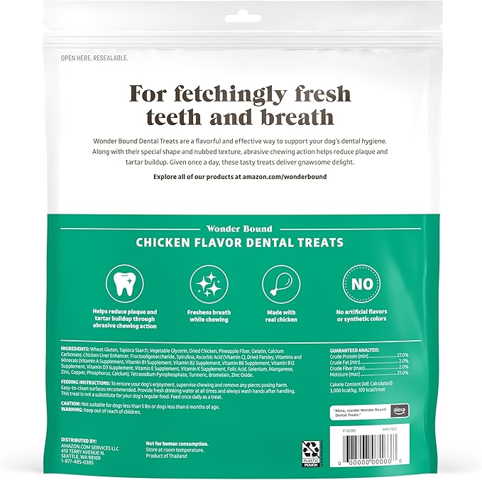 Amazon Brand - Wonder Bound Dog Dental Treats for Medium Dogs (25-50 lbs), Real Chicken Flavor, Nubbed Texture for Plaque & Tartar Control, Freshens Breath While Chewing, 38 Count