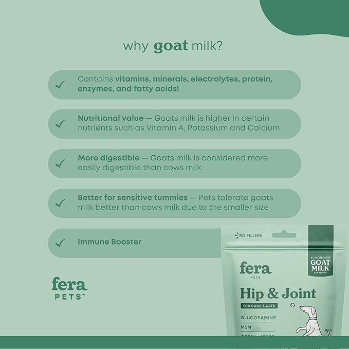 Fera Pets Hip & Joint Goat Milk Cat & Dog Food Topper – Vet Created - Joint Supplement for Dogs & Cats – Glucosamine for Dogs & Cats, MSM- 60 Servings
