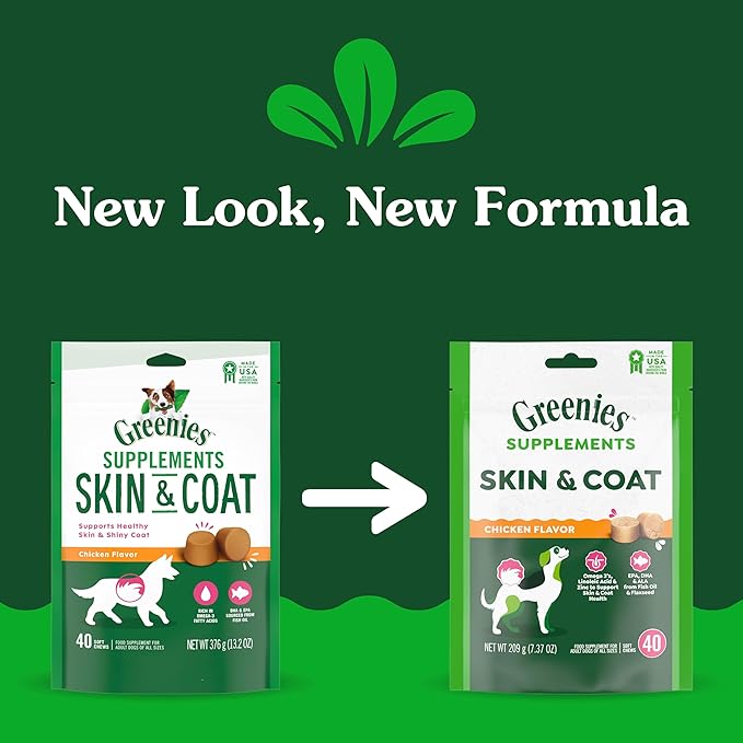 Greenies Supplements Dog Skin and Coat Supplements with Fish Oil & Omega 3 Fatty Acids, Chicken Flavor, 40 Count Soft Chews, 7.37 oz