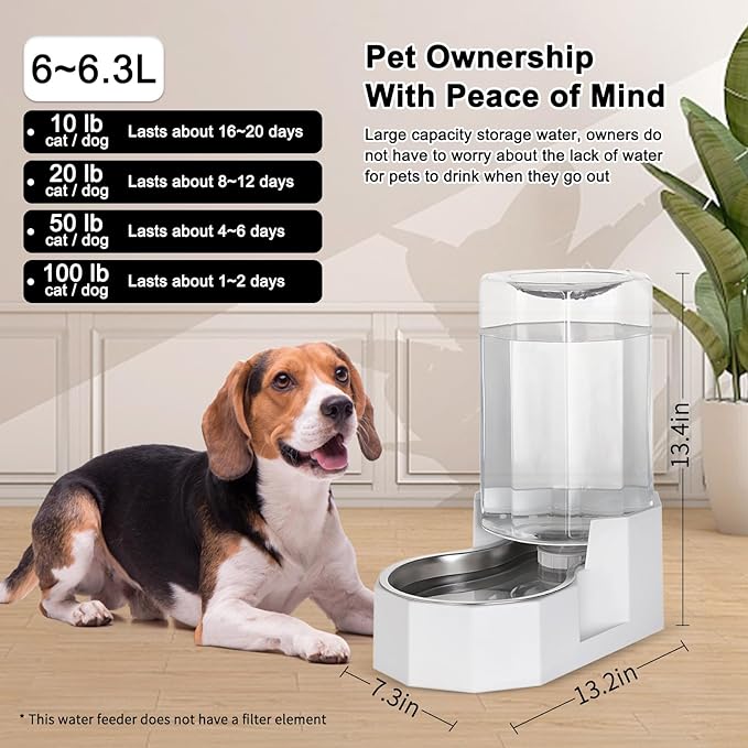 RIZZARI Automatic 6.3L Gravity Pet Water Dispenser with Stainless Steel Bowls, 100% BPA-Free,Safe and Large Capacity, Suitable for Small and Medium-Sized Cats and Dogs (6.3L without Filter)
